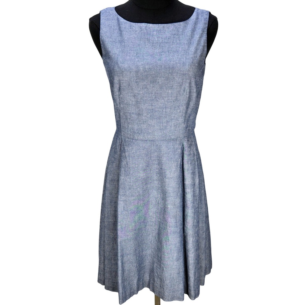 Women's L.L. Bean Signature Sz 2 Linen Blend Chambray Fit & Flare Dress Parisian